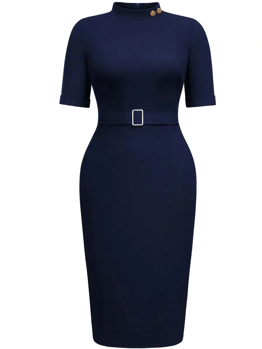 Women Elegant High Neck Gold Button Short Sleeve Knee Length Business Casual Slim Bodycon Dress — image 3
