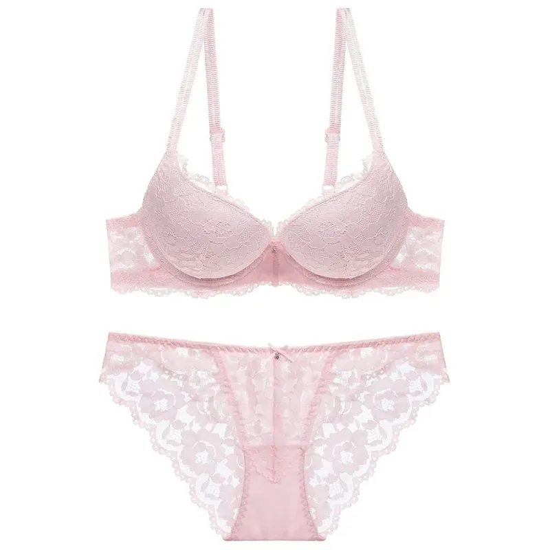 Comfortable Mesh Lace Flower Bra Low Waist Bowknot Push Up Bra Women Non Slip Lingerie Seamless Underwear Set Girl