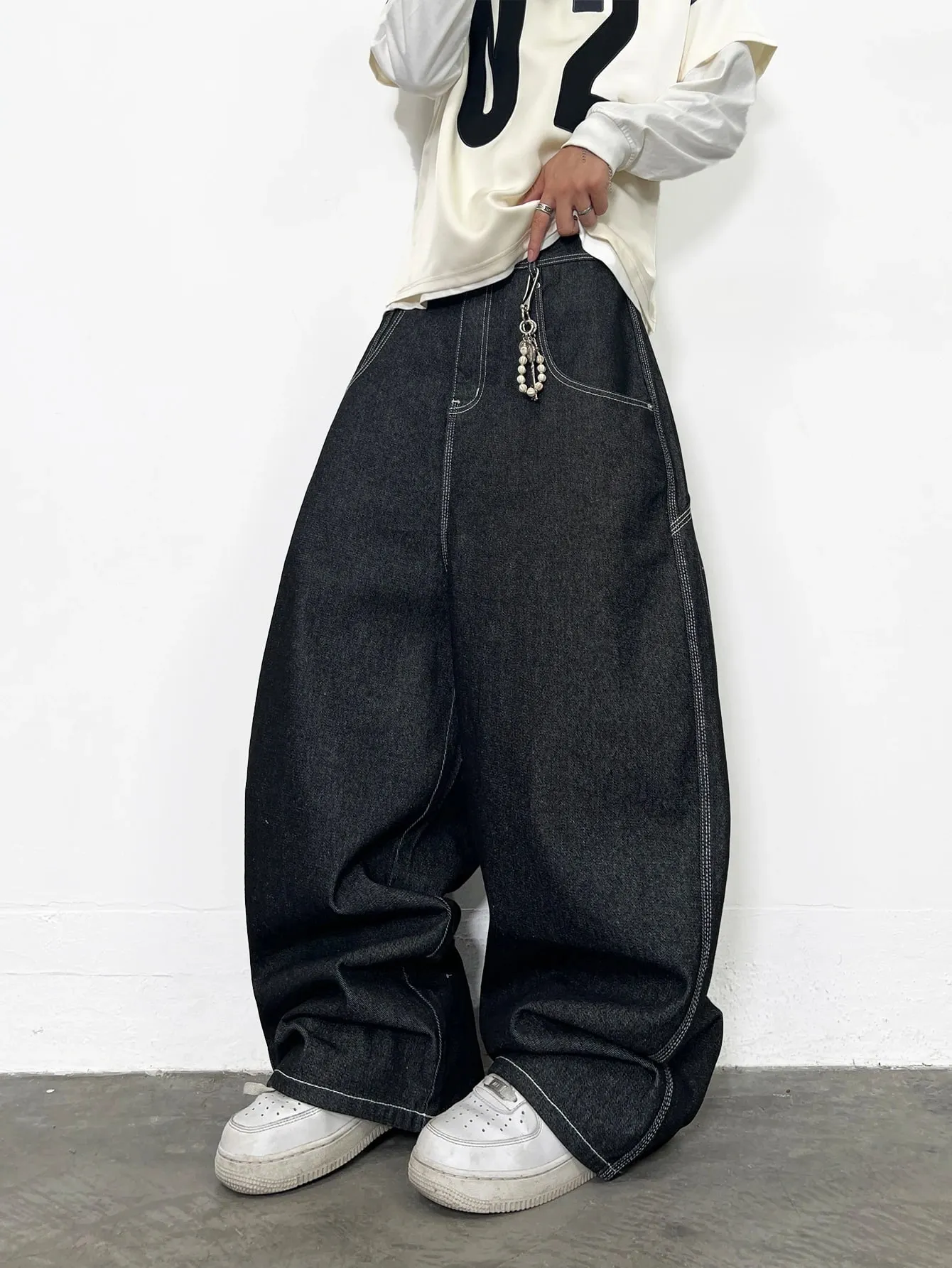 Men's Jeans Vintage Black Baggy Wide Jorts Trendy Y2K Streetwear Men's Denim Pants Men's Drop-Crotch Pants All Seasons