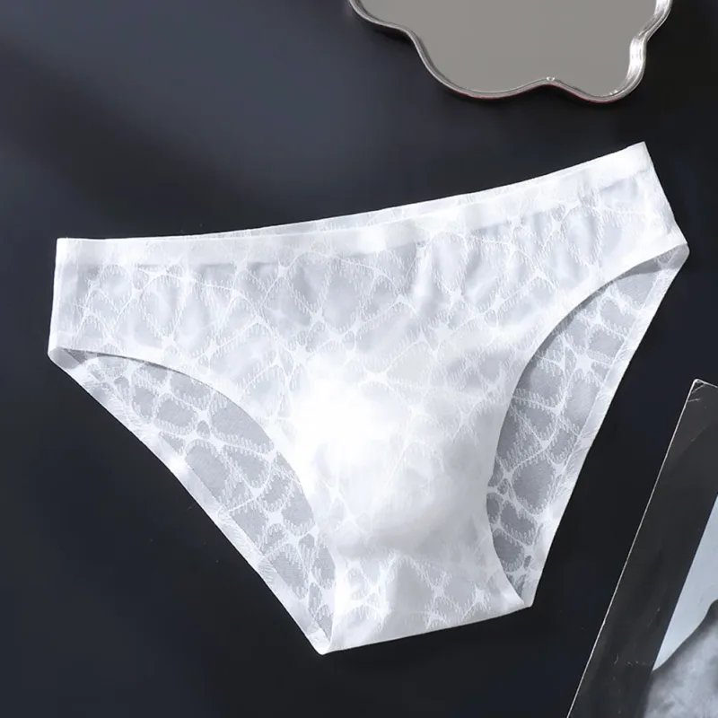 Men Sexy Lace Thin Ice Silk Briefs Underwear For Man Bulge Pouch Low Waist Very Hot Lingerie Solid Unisex Panties Men's Clothing — image 5