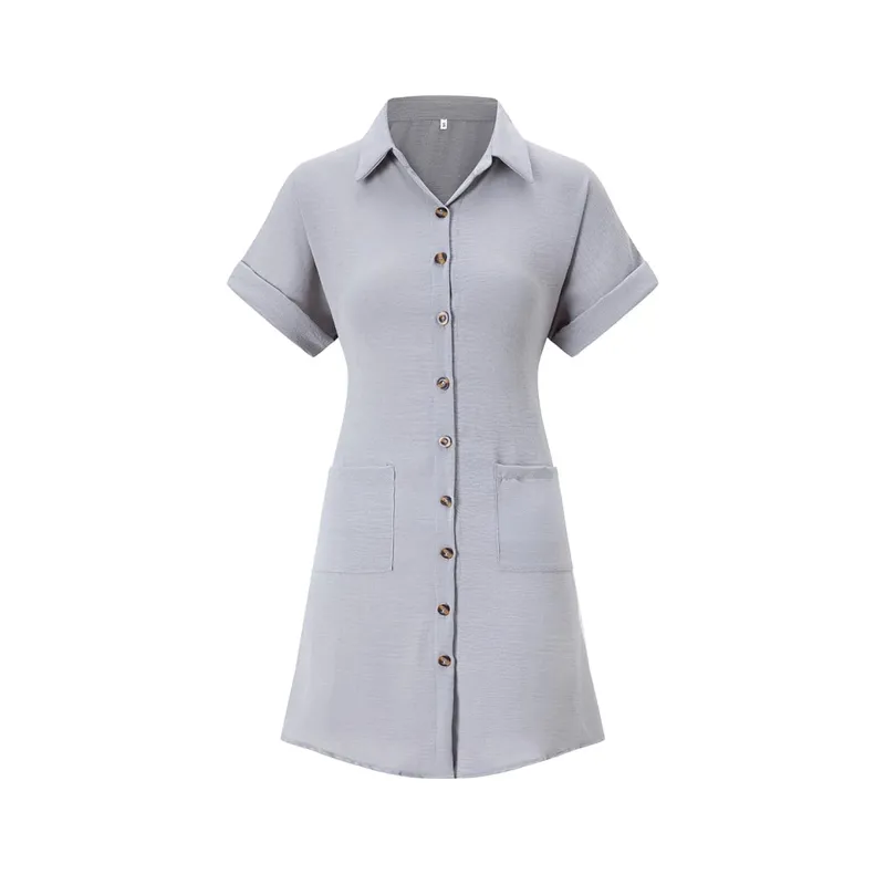 2026 European and American Cross Border Leisure Solid Color Cotton Hemp Buckle Long Short Sleeve Loose Shirt Dress Women's Wear