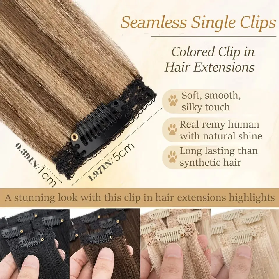 S-noilite 6 PCS Remy Clip In Human Hair Extensions Single Clip Ins Thick Hair Extensions Highlight Seamless Hairpieces for Women