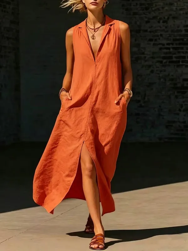 Casual Lapel Loose Sleeveless Maxi Dresses For Women Summer Tank Split Beach Long Dress Solid Colors With Pockets 2026 Sundress — image 9