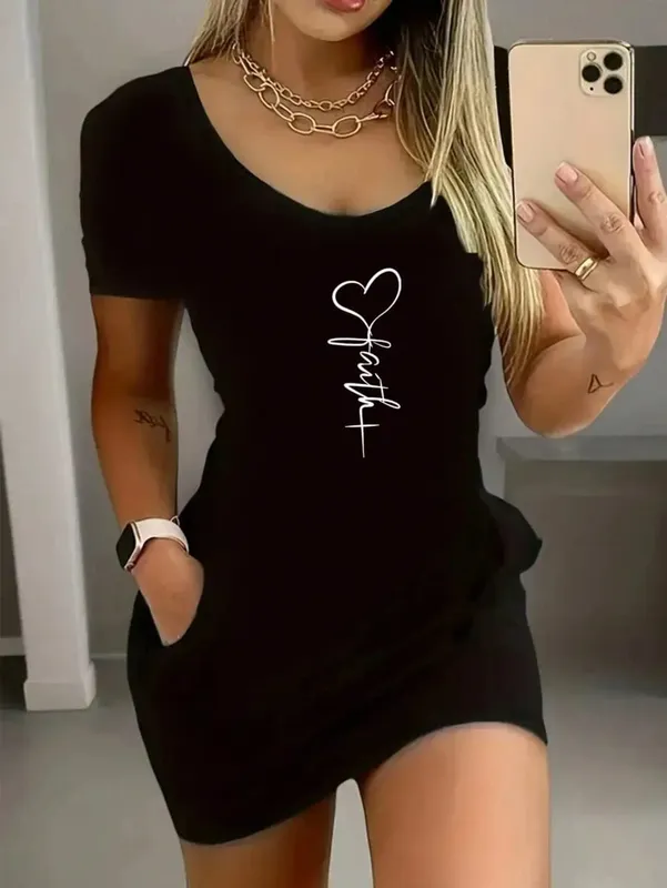 2026 Women's Casual Elegant Style Sun Moon Pattern Solid Color Round Neck Short Sleeve Women's Sexy Dress Short Skirt — image 7