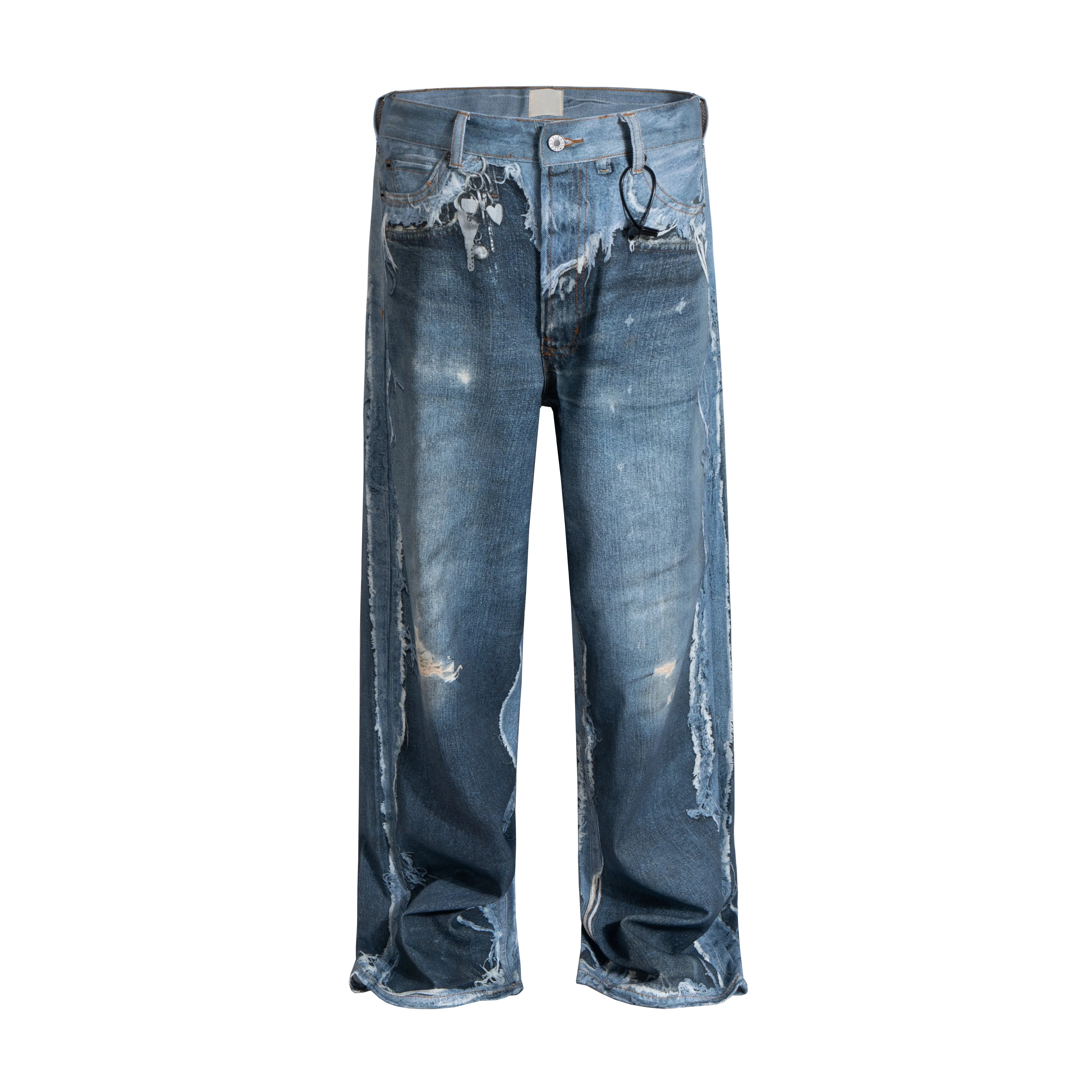 Fake Two Pieces 3D Print Patchwork Baggy Jeans for Men and Women Straight Casual Loose Denim Trousers Oversized — image 4