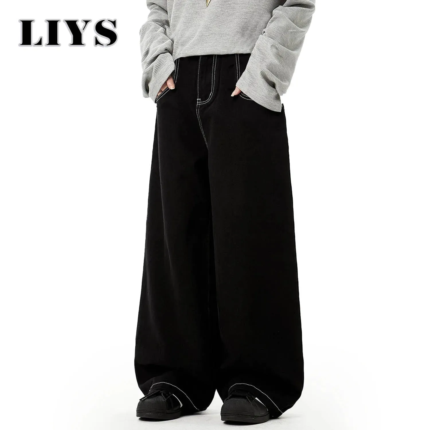 Spring Summer Men's Retro Black Baggy Wide Leg Jeans American Basic Unisex Daily Casual Denim Pants Women's Black Stacked Jeans — image 3