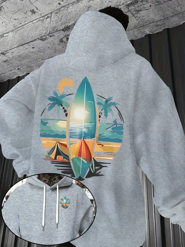 New Autumn/winter Men's Hooded Sweatshirt with Surfboard and Beach Print Loose Fit Stylish Street Style Comfortable Fit Hoodies