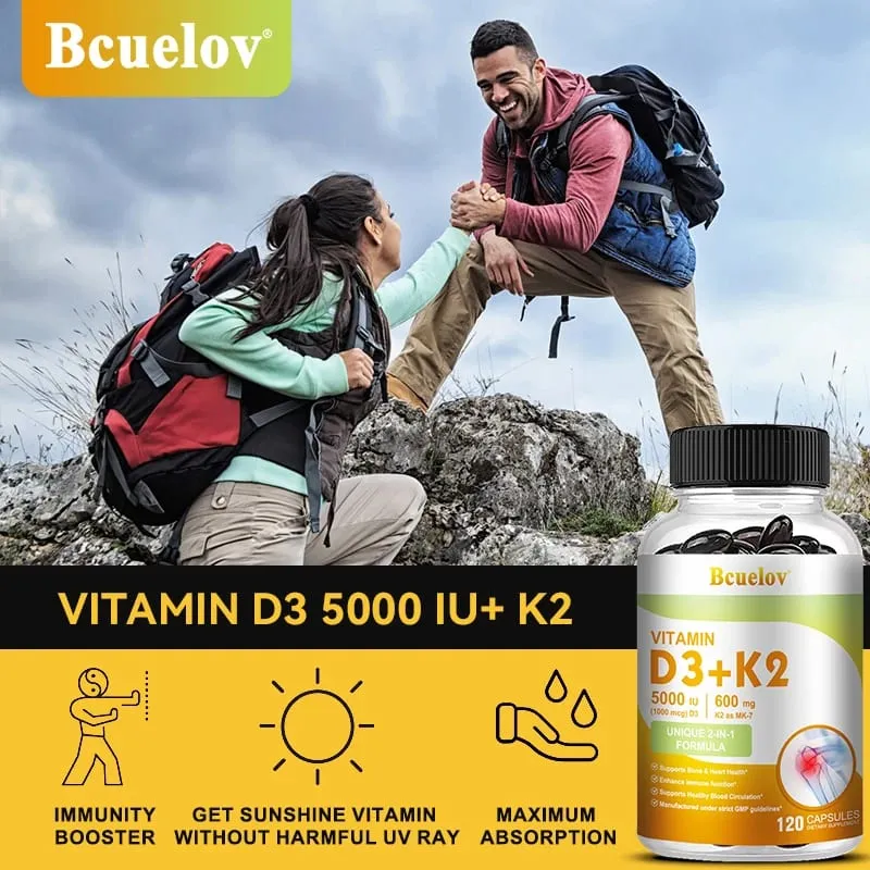 Bcuelov Vitamine D3+K2 5000 UI Formule de vitamine D3 sans OGM, complément alimentaire complexe de vitamines D et K facile à avaler
