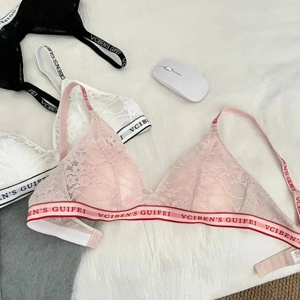 Breathable Letter Design Lingerie Set Deep V Wireless Women Underwear Suit Lace Color Blocking Bra Panties Set Daily — image 4