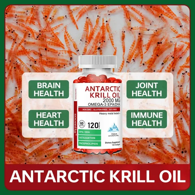 Kapsul Minyak Krill Antartika 2000mg Omega-3 EPA & DHA dengan Suplemen Astaxanthin Bersumberkan Kekuatan Maksimum Krill Merah