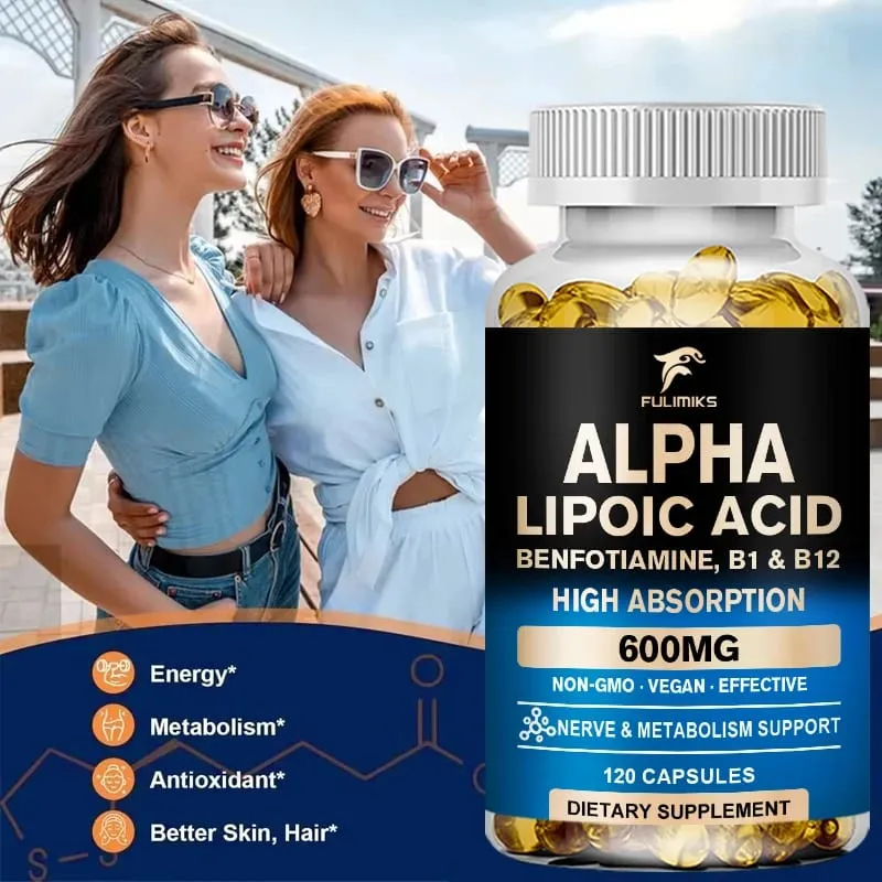 Alpha Lipoic Acid Capsules with Vitamin B12 for Energy Support Heart Health Neuropathy Relief Dietary Supplemen Non-GMO