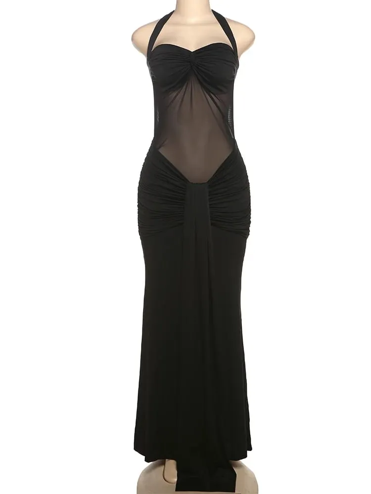 Nibber Halter Mesh Patchwork Dress Women Summer Trend Off Shoulder Backless Ruched Ribbon Midnight Prom Party Hipster Vestidos