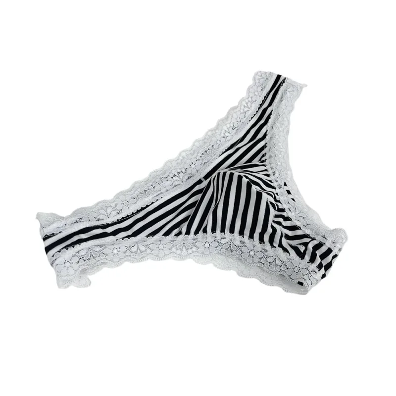 Men Lace Trim Striped G-string Underwear Half-covered Butt Low-rise Pantie Breathable Sexy U Bulge Pouch Comfortable Tong