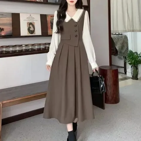 Women Dresses 2026 patchwork fake two-piece long-sleeved baby collar high quality design autumn elegant long dress vestidoes