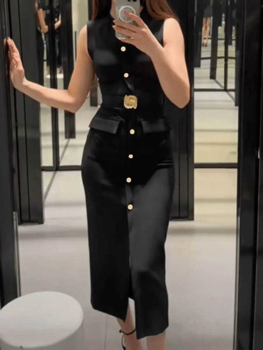 Sleeveless Button Down Ashirtdress with Belt Solid Color Front Slit Elegant for Office Party Dresses Luxury 2025 Ashirtwaister