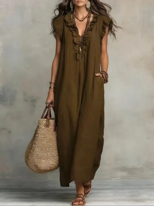 2026 verão feminino boho algodão linho maxi vestido cor sólida plissado decote em v sem mangas solto vestidos longos com bolsos casual praia