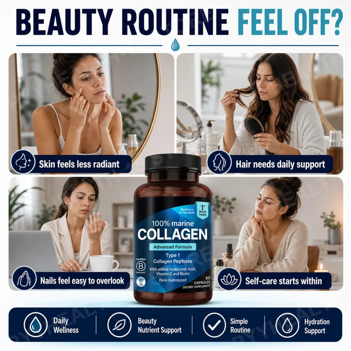 Marine Collagen Capsules for Women & Men Type I Peptides with Hyaluronic Acid Vitamin C & Biotin Beauty Glow Nails 60 Count