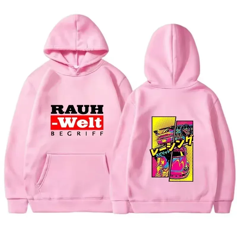 Rauh Welt Hoodie Car Widebody Tuning JDM Racing Pop Art Komik Estetik Hitam Bersaiz Besar Baju Kasual Lengan Panjang