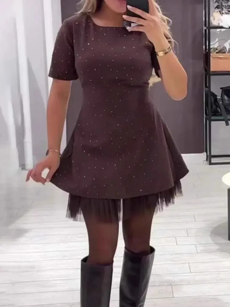 Elegant Casual Dress Spring Summer New Style Hot Rhinestone Hem Mesh Solid Fashion Dress For Women Short Sleeve Holiday Dress