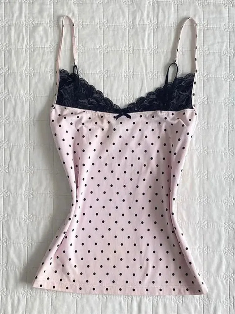 Summer Pink Black Polka Dots V-Neck Cami Strap Top Lace Trim Bow Detail Slim Fit Casual Sweet Sexy Y2K Trendy Women's Top — image 7