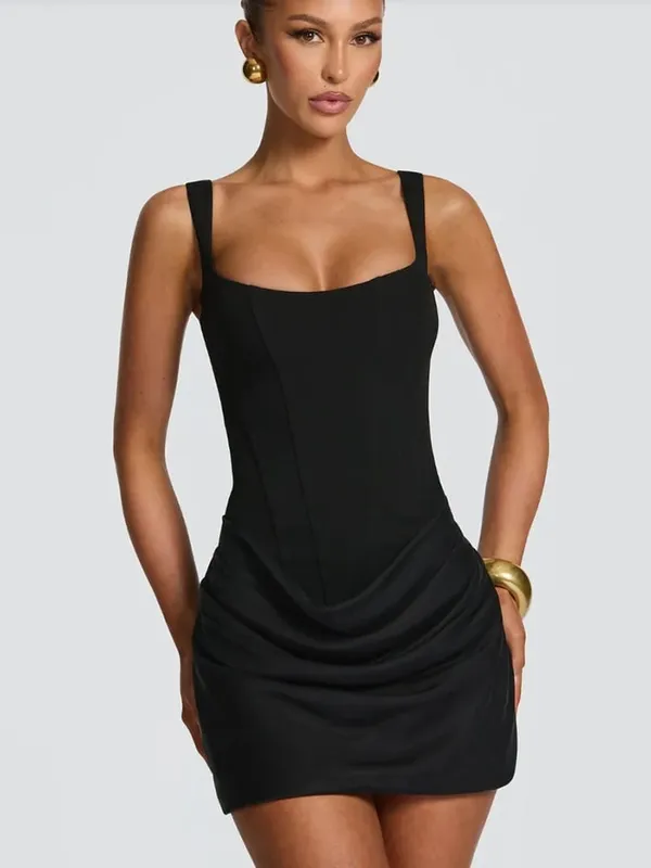 Mozision Backless Ruched Sexy Mini Dress Women Elegant Tapered Straps Square Collar Sleeveless High Waist Club Party Dress