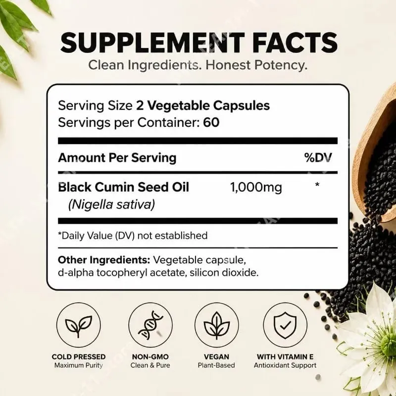 Black Seed Oil 120 Softgel Capsules with Pure Black Cumin Seed Oil 1000mg and Vitamin E - 500mg Each Skin Health Cold-Pressed — image 2