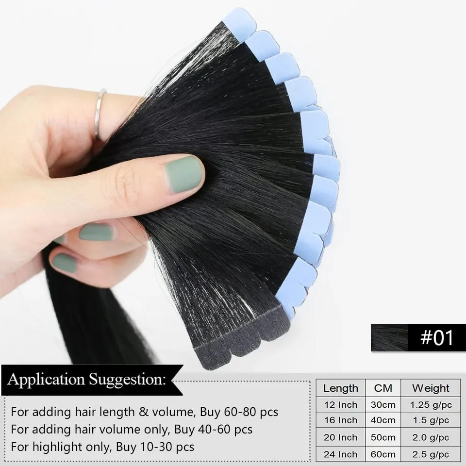 Mini Tape Hair Extensions 12-24 Inch Human Hair Extensions 3x0.8cm Invisible Tape 10pcs per Pack for Side Machine-Remy Hair