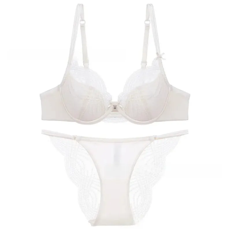 Hollow Thin Cup Women Lingerie Set Seamless Silk Satin Push Up Bra Set French Style Lace Embroidery Lingerie Women Intimates