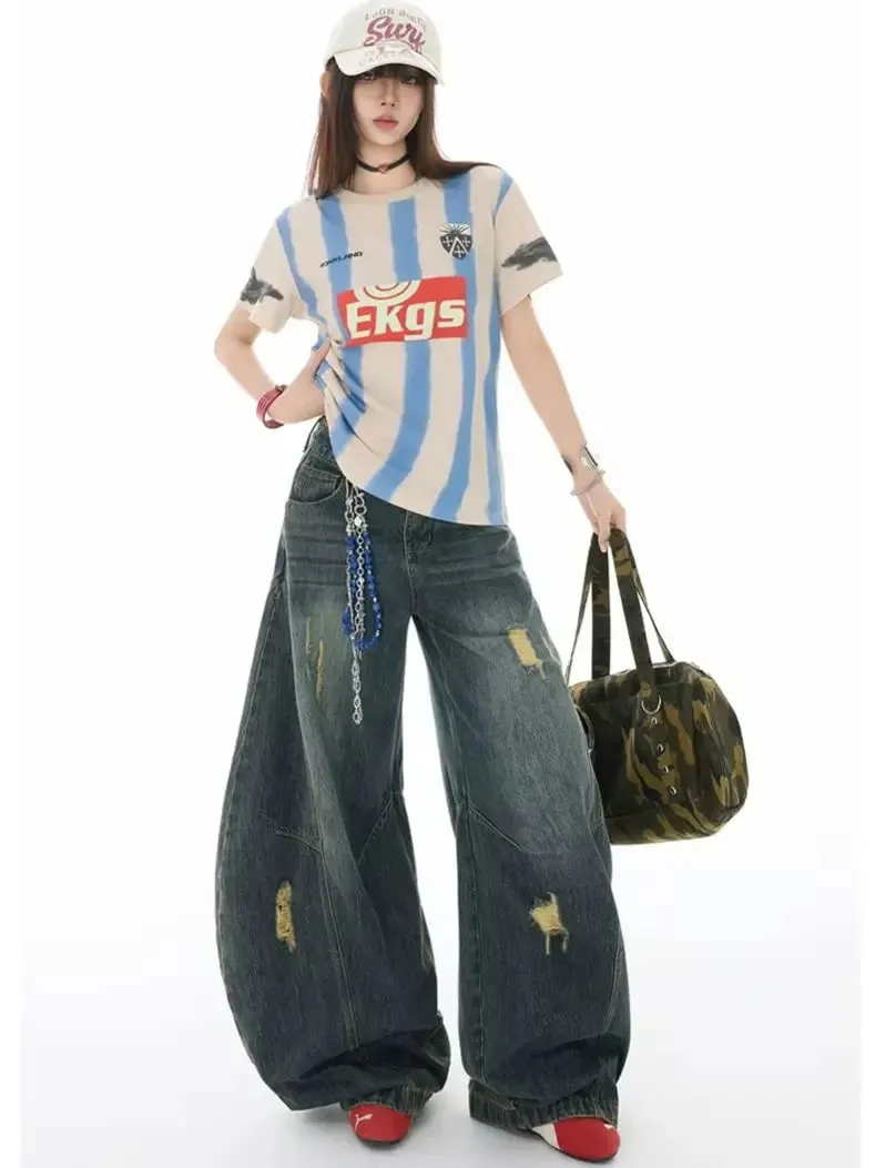 Retro-Style Curved-Leg Jeans Unisex Relaxed Fit Patchwork Soft Durable Women Men Versatile Washed Wide-Leg Pants — image 5