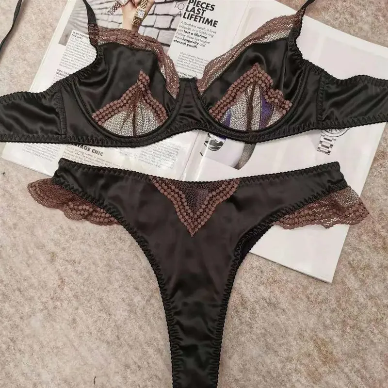 Satin Dessous-Set Französischer Spitzen-BH mit Vorder-Verschluss - Ultra dünn Minimizer & Push Up für jede Größe BANERDANNI AB