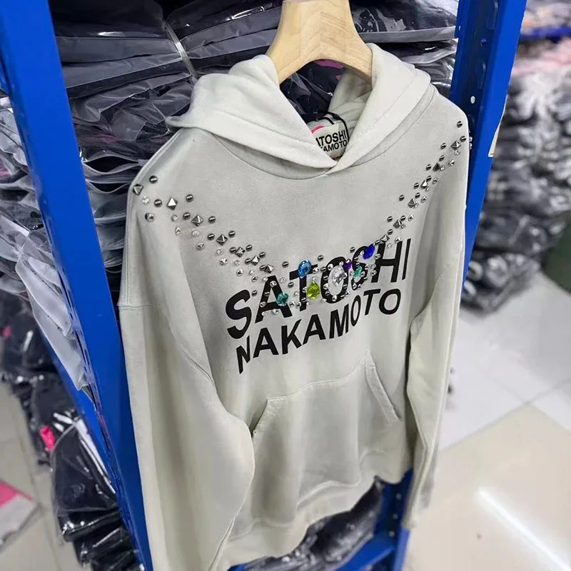 26SS Autumn Winter New Arrival Satoshi Nakamoto Hooded Sweatshirts Destructo Studded Washed Cotton Hooded Unisex Pullover — image 14