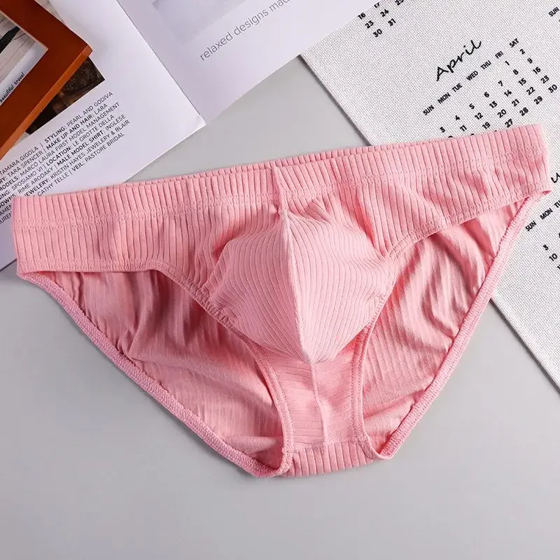 Men's Sexy Brief Ribbed Cotton Breathable Comfortable Sweat Absorption Sports Underwear Youth Low Waist U Convex Pouch Underpant