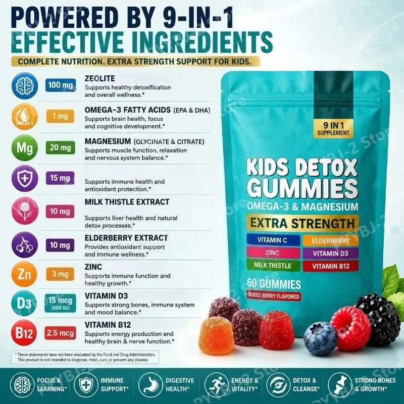 Zeolith-Gummis, 60 Stück, enthalten Multivitamin Omega-3, Magnesium und Holunder, unterstützen die Entgiftung und die Gesundheit des Immunsystems