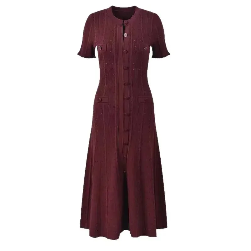 French Style Knitted Long Dress round Neck Hollow out Wooden Edge Skirt Elegant Autumn Luxury Women's Fashion One Piece Dress