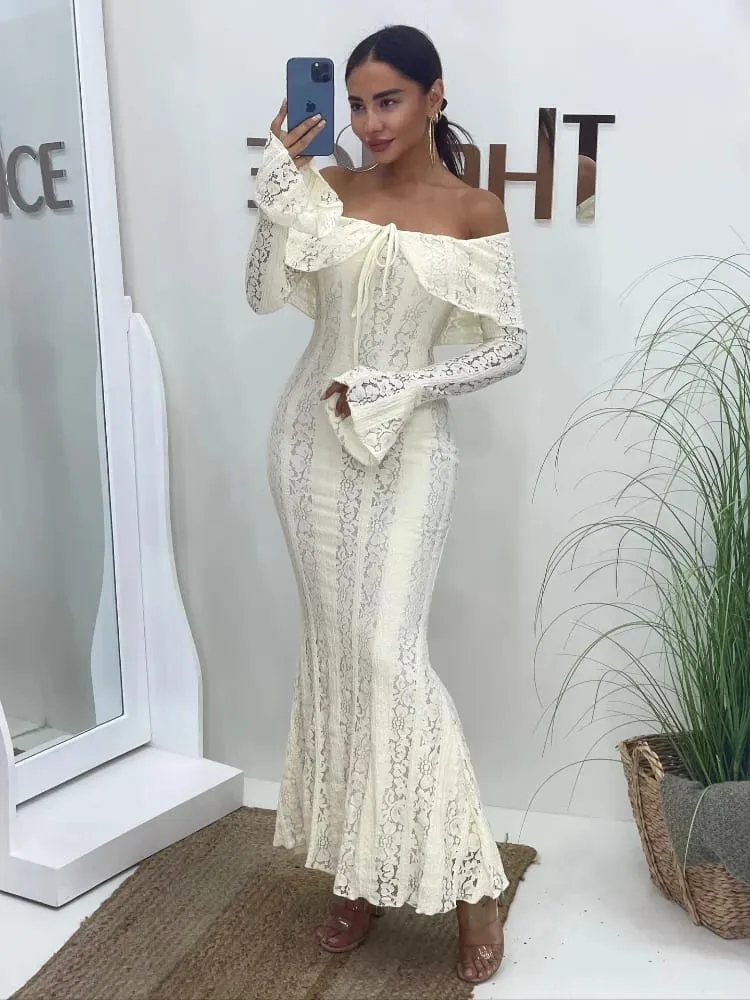 White Lace Patchwork Long Dress Women's Pleated Ruffle Sleeve Off shoulder bodycon See Through Vestidos 2025 Lady Party Gowns — image 6