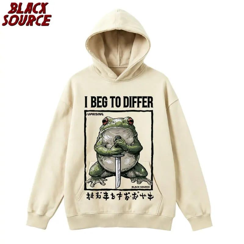 T444 I Beg To Differ Frog Hoodie, Funny Japanese Retro Graphic Pullover Sweatshirt, Harajuku Aesthetic Streetwear
