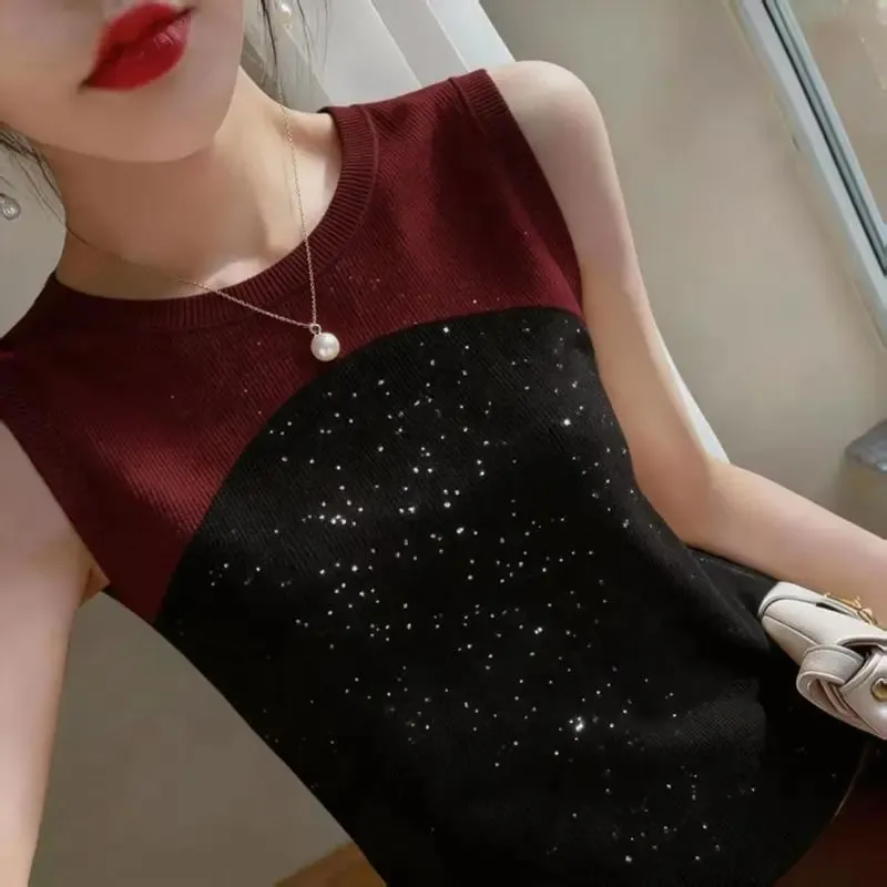 Sleeveless O-neck Contrast Patchwork Plus Size Elegant Tanks Summer Ice Silk Slim Vintage T Shirts Fashion Trend Women Clothing