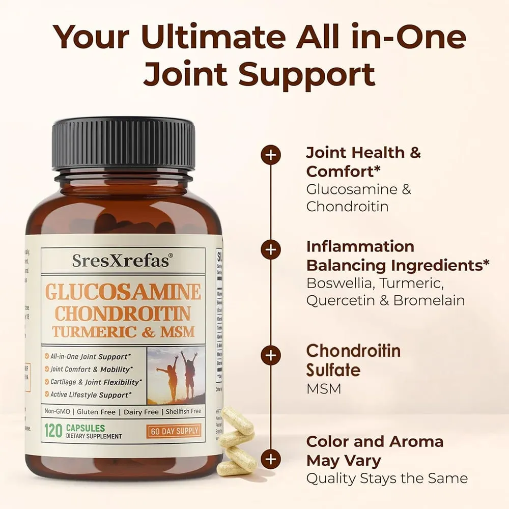 Glucosamine Chondroitin MSM Turmeric Capsules Supports Hips Knees Joint Bone Cartilage Health & Mobility Flexibility