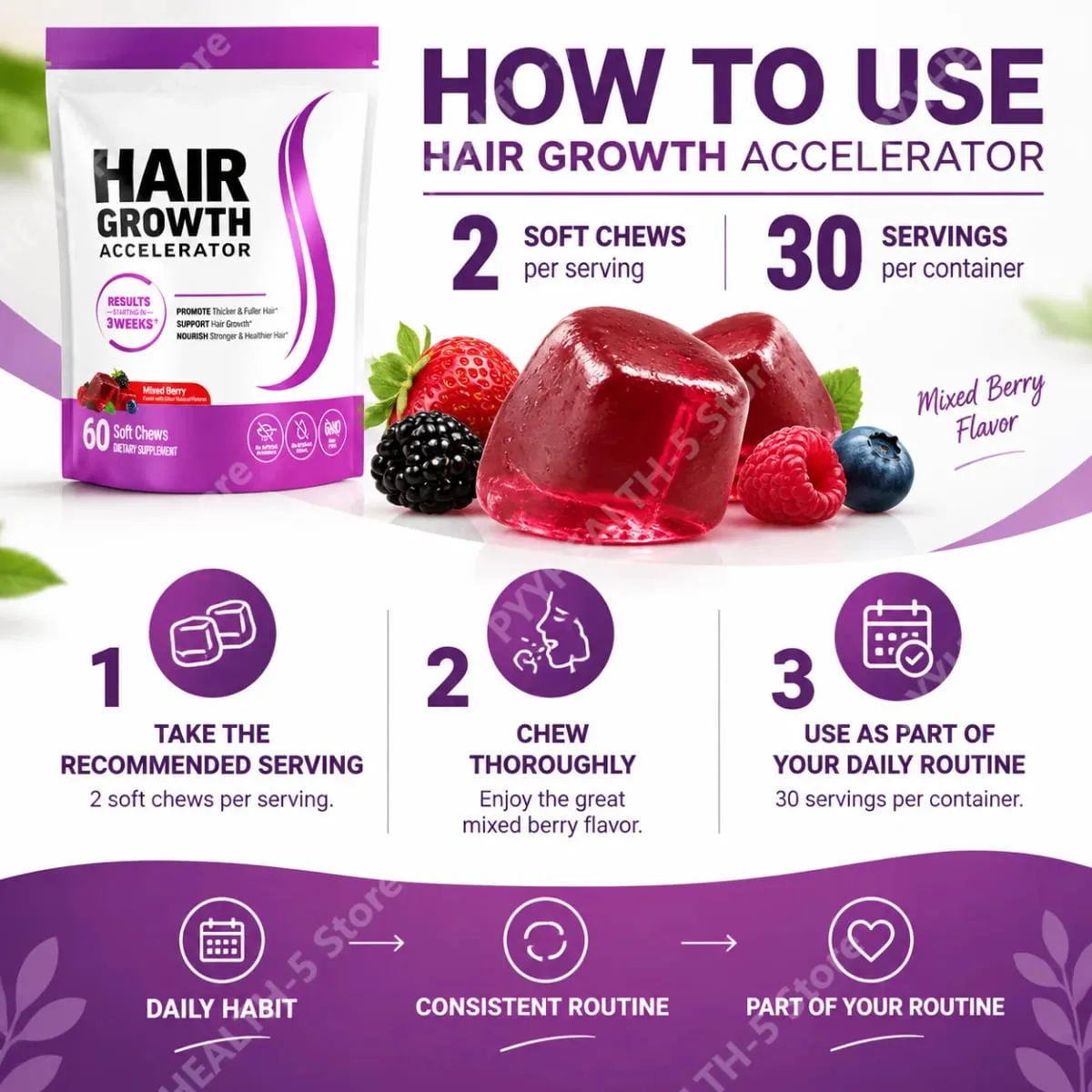 Biotin Hair Growth Soft Chews อาหารเสริมสนับสนุน Fuller ผมหนา Vitamin C & E สำหรับสุขภาพผมบำรุง 60 Gummy