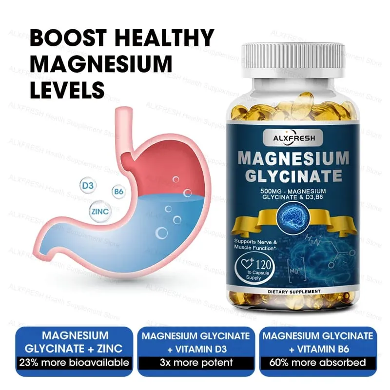 Original Magnesium Glycinate 500mg Supplement – High Absorption for Sleep Muscle & Restful Support - D3 B6 Zinc