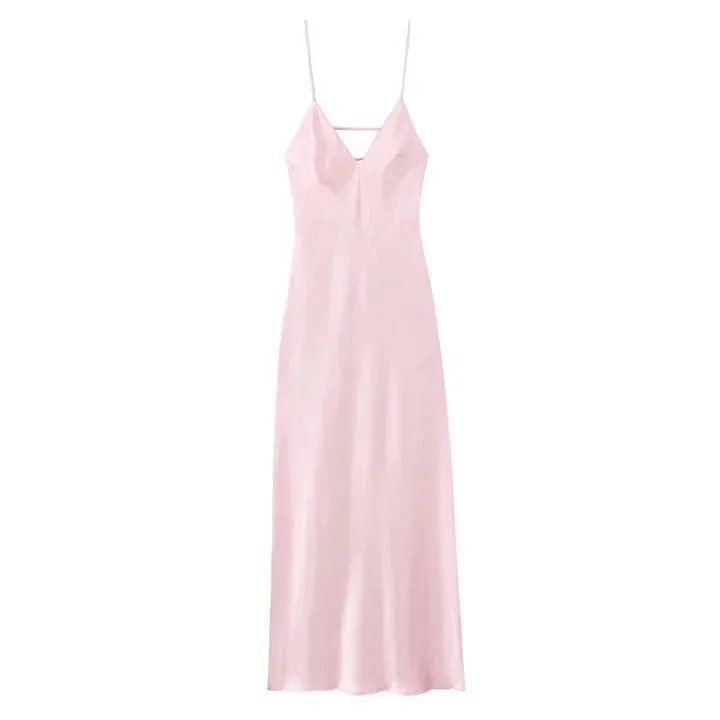 Women Solid Satin Sling Long Dress Casual Backless Sleeveless V-neck Pleated Gowns 2026 Summer Vacation Evening Party Robes — image 9