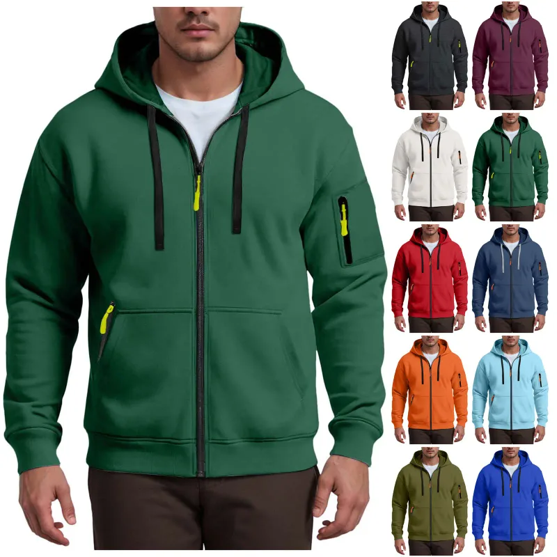 Men's Hoodies Solid Color Loose Zip Up Jacket Arm Zipper Pocket Hoodies Sand Hoodie Men — image 4