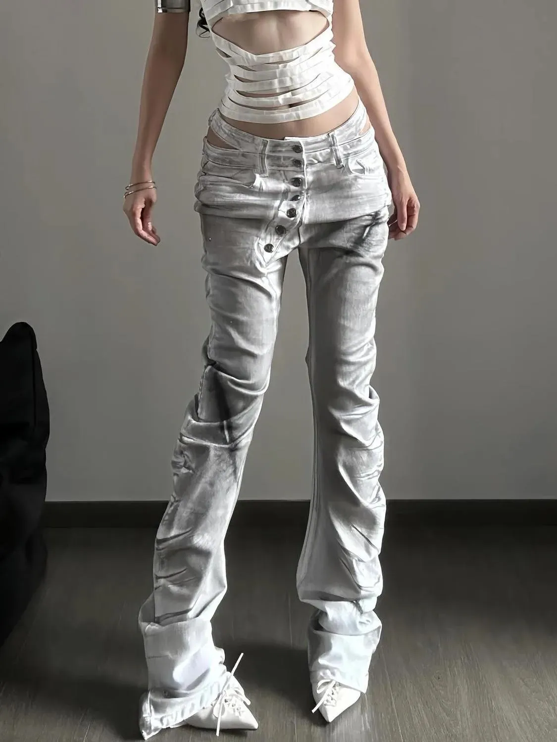 Women American Retro Y2K Flare Jeans White Washed Patchwork Y2K Vintage Hrajuku Punk High Waist Slim Streetwear Denim Pants