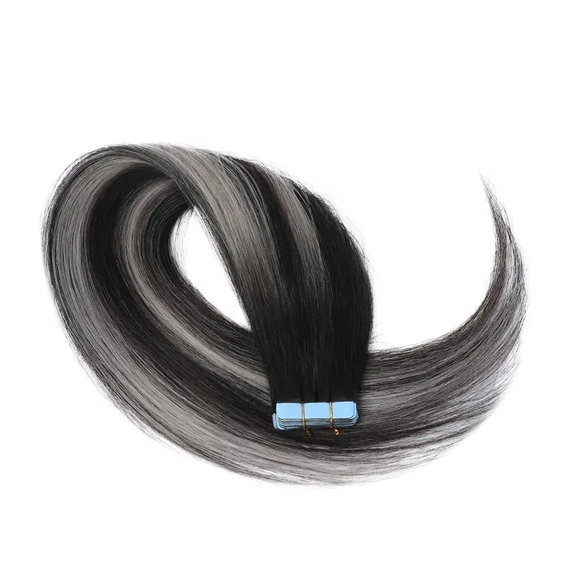20 Inch Seamless Tape in Hair Extensions Human Hair Soft Invisible Black to Light Gray Color in Human Hair Extensions 30g/20pcs