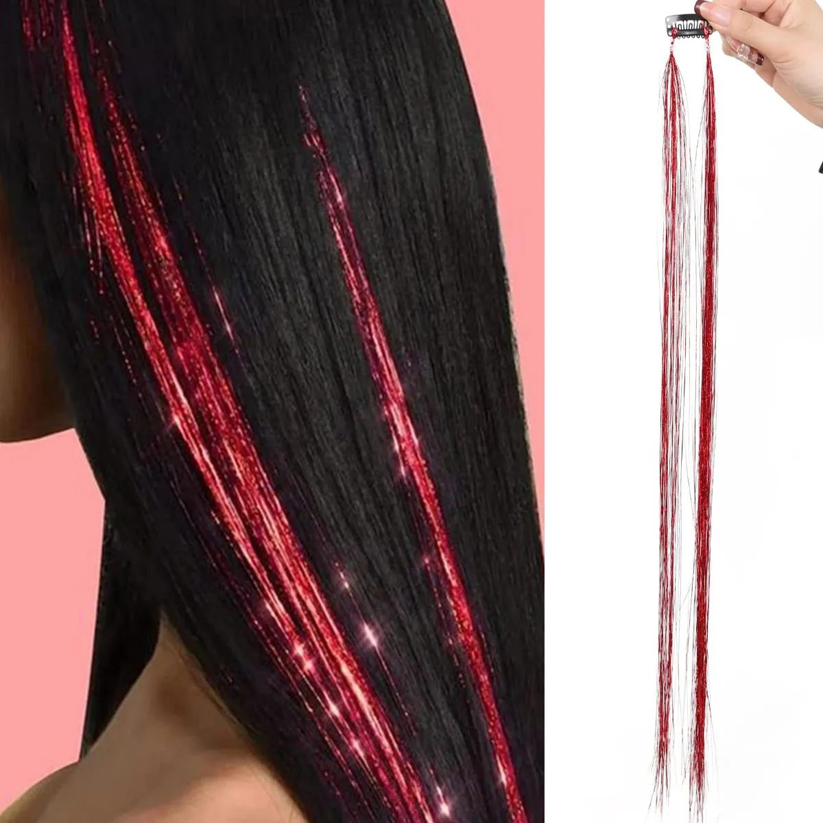 24 inch 1Pcs Colored Hair Extensions with Tinsel Long Straight Hairpiece Color Party Highlights Clip in Synthetic Hair Extension — image 12