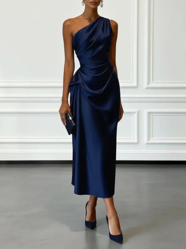 Elegant One Shoulder Satin Ruched Midi Dress for Formal Evening Cocktail Party — image 3