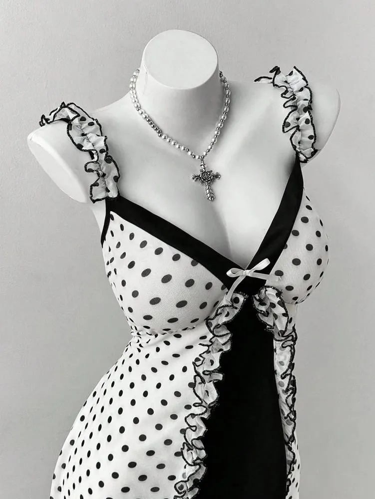 Plus Size Y2K Polka Dot Dress Ruffle Trim Bow Front Cami Mini Dress Sexy Sweet Coquette Style Party Dress for Women