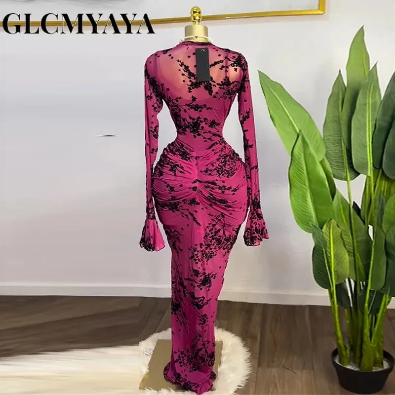 CM.YAYA 2025 Women Long Sleeve Ruched Mesh See Though with Lining Bodycon Long Dress Fall Evening Birthday Sexy Party Dresses — image 5