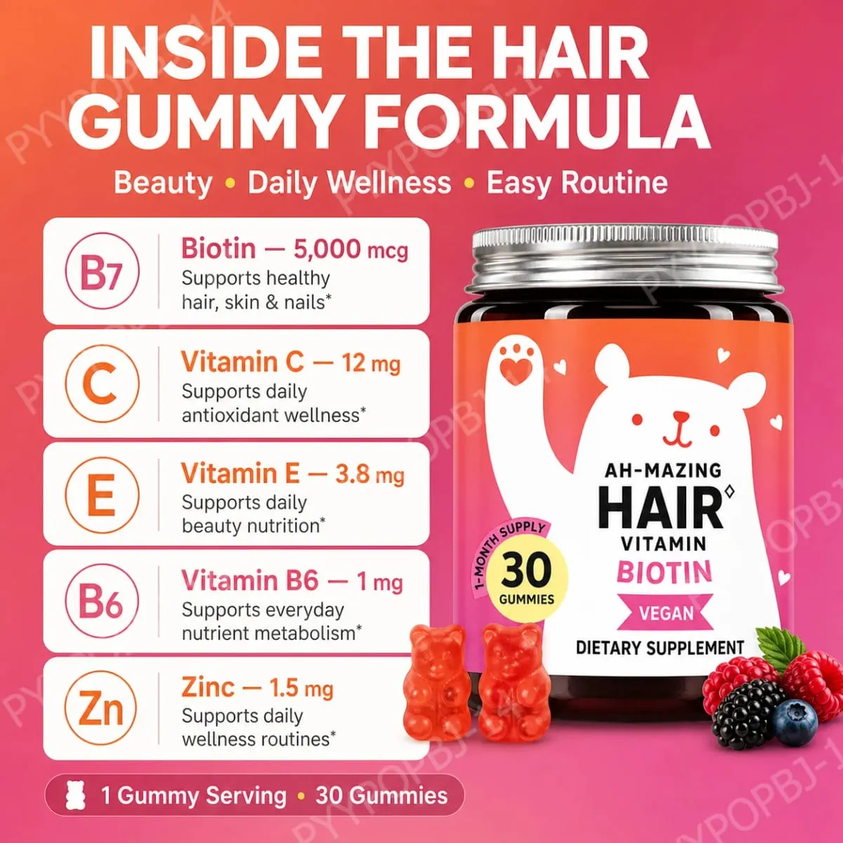 Biotin Gummies 5000 Mcg Hair Skin Nails Support Vegan Beauty Vitamins 30 Gummies Daily Wellness Supplement — image 4