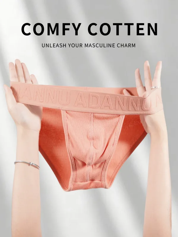 Men's Cotton Ribbed Skin-Friendly Bare Feel Convex Pouch Briefs, Embossed Letter Wide Waistband Slim Fit Underwear — image 4